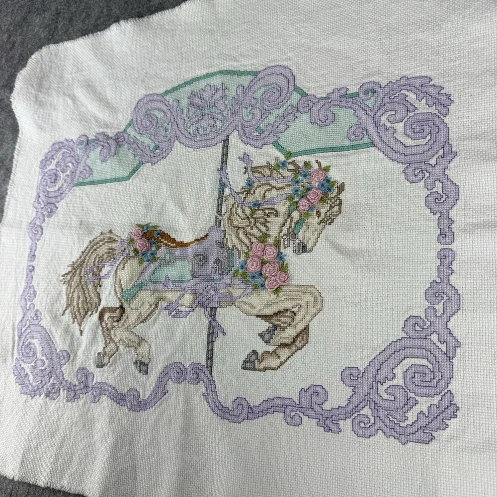 Completed Pastel Carousel Horse Vintage Cross Stitch 18x14‎ Something Special